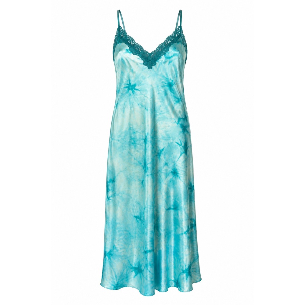 Valerie Stevens Satin Nightgown Women's M Aqua‎ Tie Dye Lace Maxi Slip Dress